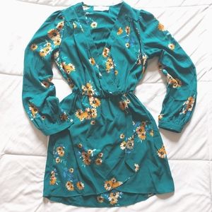 Long sleeve floral print wrap dress